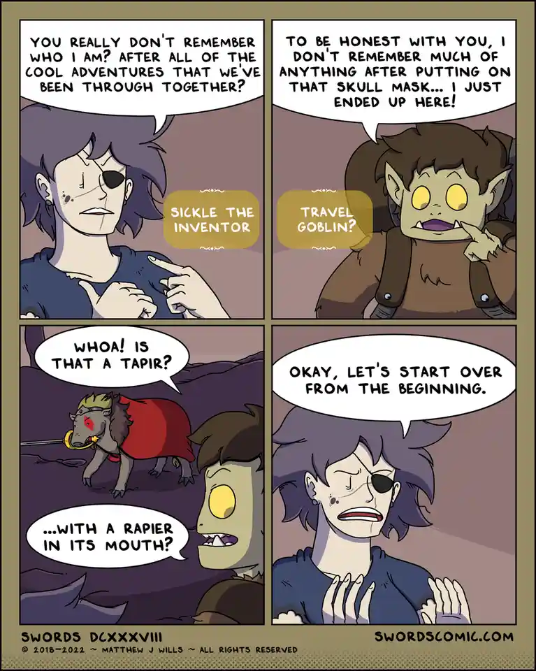 A four-panel comic strip featuring two fantasy characters: a purple-haired person with an eyepatch and a goblin-like…