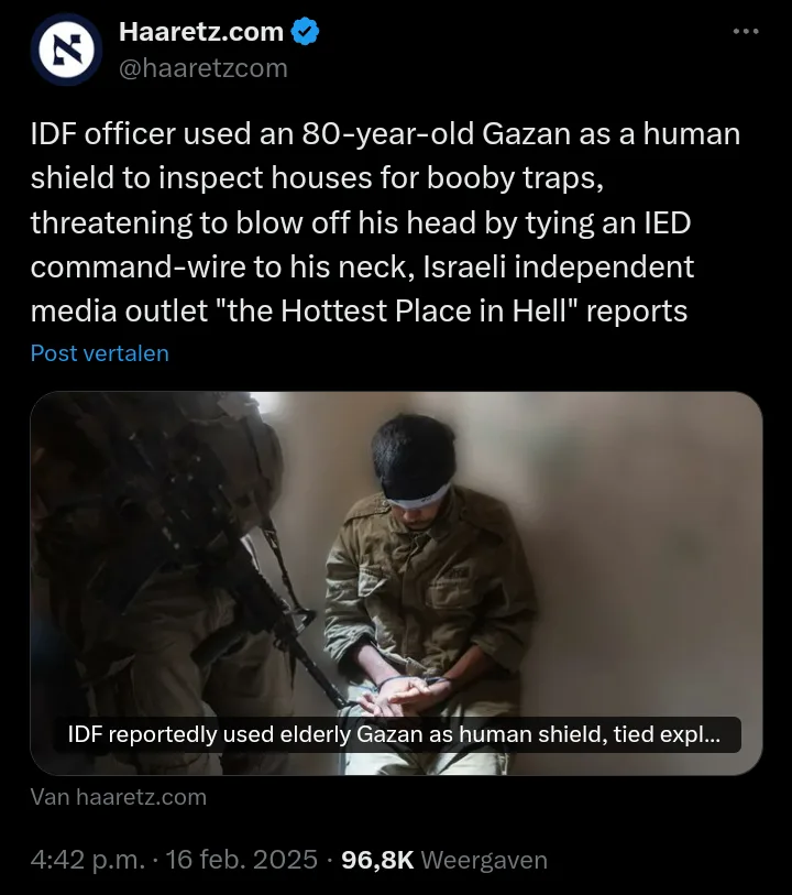 A screenshot of a tweet from Haaretz.com shows a photo of a blindfolded elderly man in military-style clothing sitting…
