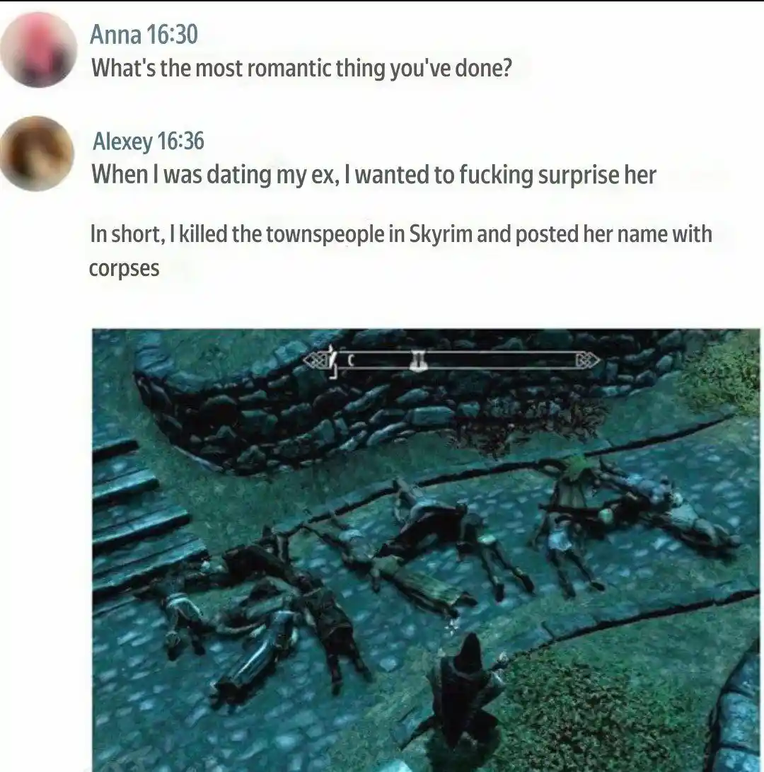 A screenshot of a text conversation where one person asks about the most romantic thing done, and the other replies with a…