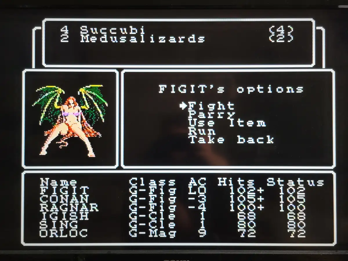 A screenshot of a retro-style RPG battle menu showing a succubus enemy and a character named FIGIT with stats. The menu…
