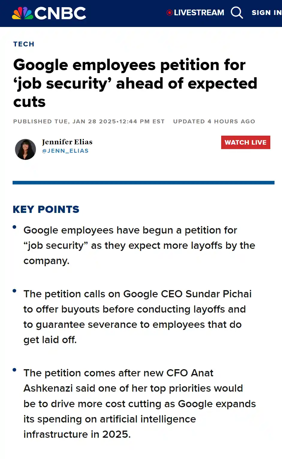 A screenshot of a CNBC news article with the headline 'Google employees petition for 'job security' ahead of expected cuts'…