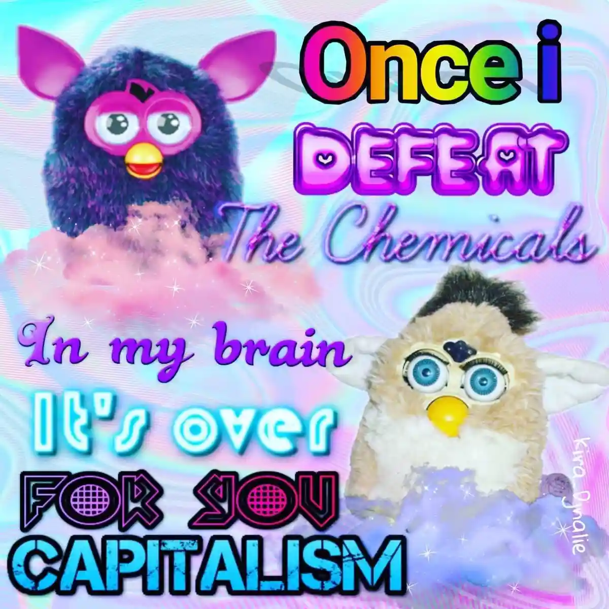 Two Furby toys are shown against a psychedelic, glittery background with swirling pastel colors. The top Furby is purple…