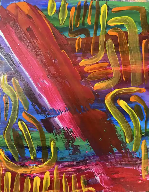 A vibrant, abstract painting features thick, expressive brushstrokes in red, pink, blue, green, and yellow, with prominent…
