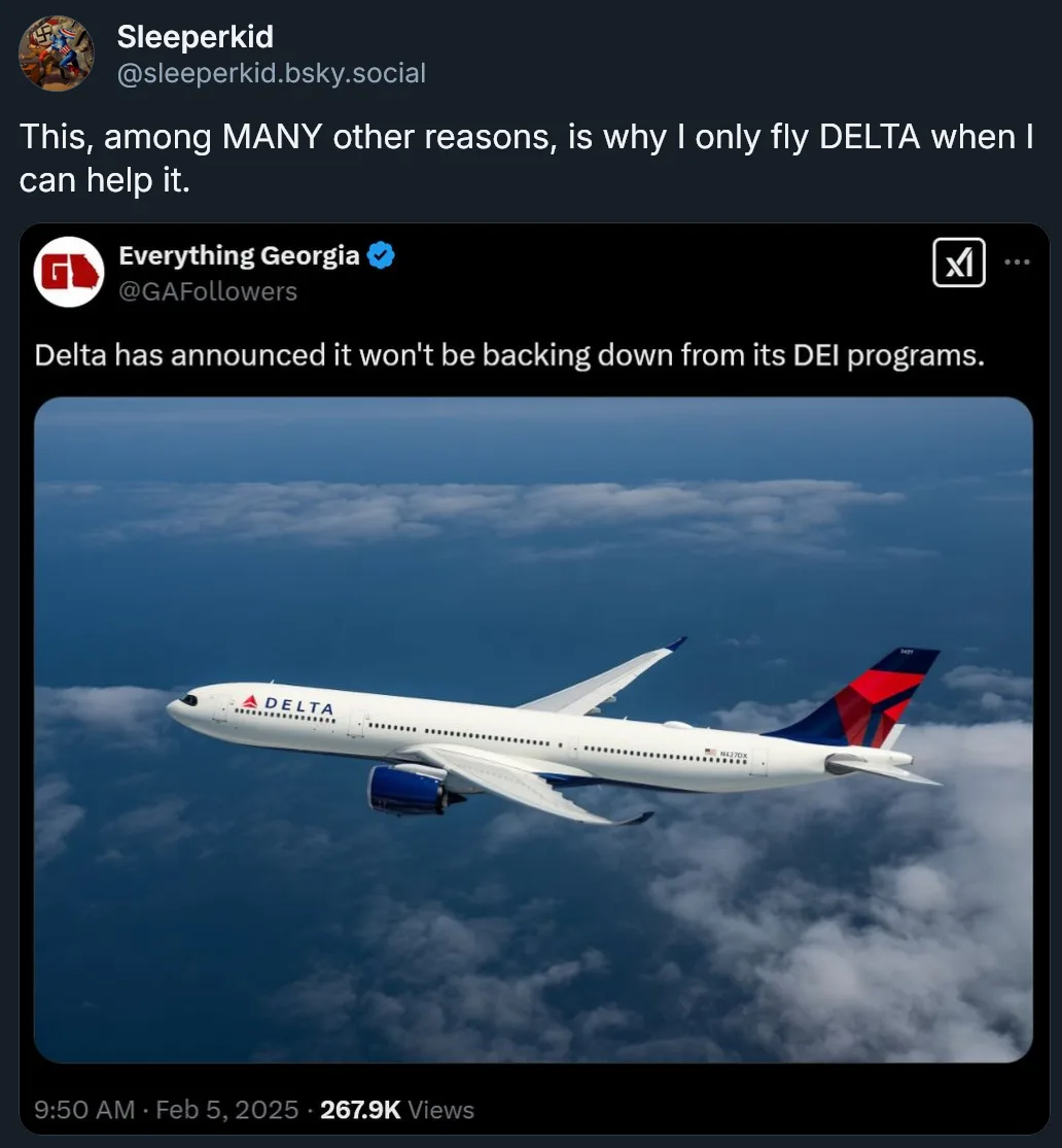 A screenshot of a social media post showing a Delta Air Lines airplane flying above clouds. The post is from 'Everything…