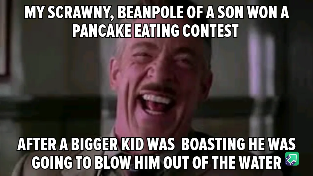A man with a mustache is laughing hysterically, his eyes squeezed shut and mouth wide open. White bold text overlays the…