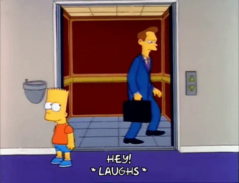 A four-panel comic strip from The Simpsons shows Bart Simpson trying to get the attention of a man exiting an elevator. In…