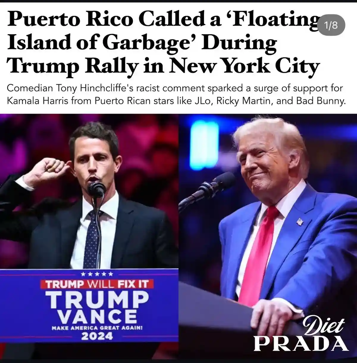 The image displays two side-by-side photos of politicians at rallies. On the left, comedian Tony Hinchcliffe gestures while…