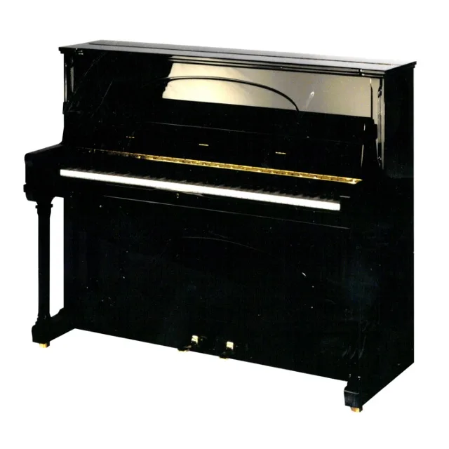 A glossy black upright piano with its lid open, revealing the keyboard and internal strings, set against a plain white…