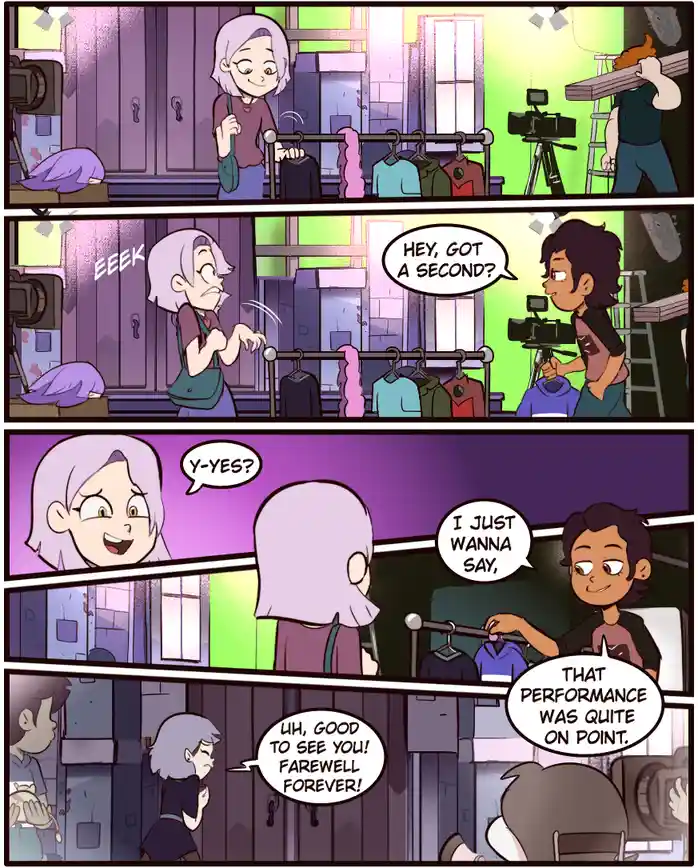 A four-panel comic strip shows a woman browsing clothes in a studio, startled by a man who compliments her performance. He…