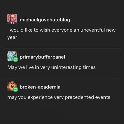 A screenshot of a dark-themed chat interface showing three users exchanging New Year's wishes. The first user…