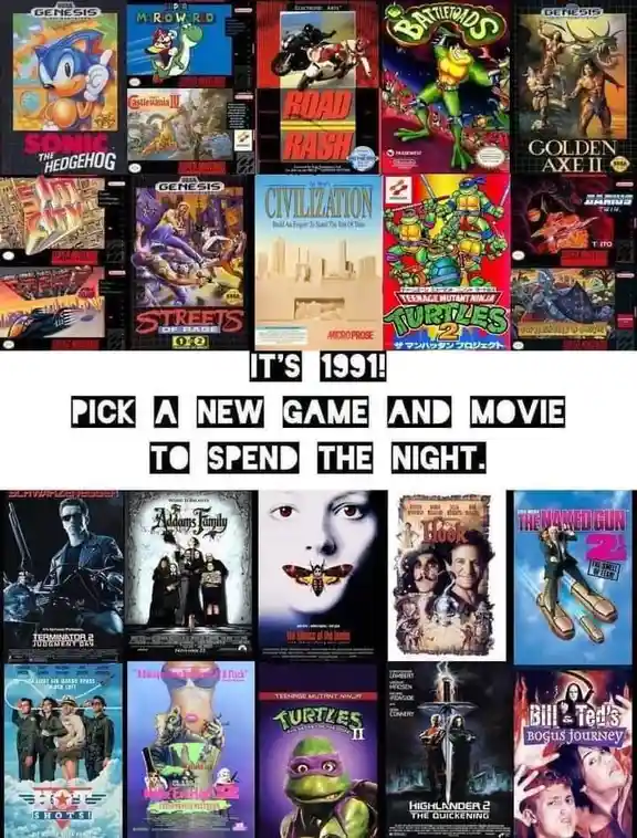 The image displays two grids of media covers: the top grid shows 1991 Sega Genesis video games like Sonic the Hedgehog, Road…