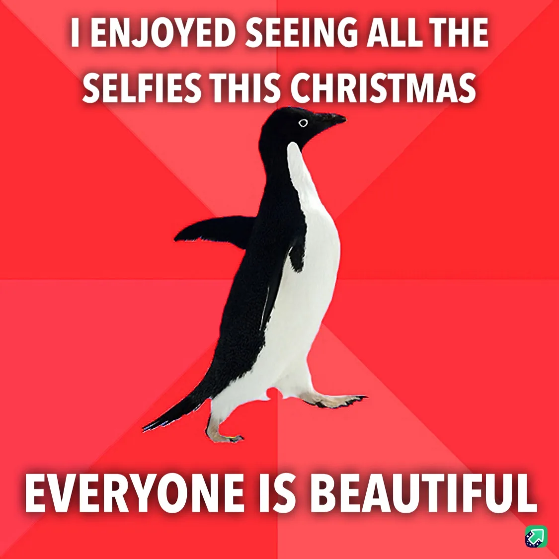 A black-and-white penguin stands against a red background with diagonal stripes. White text at the top reads 'I ENJOYED…