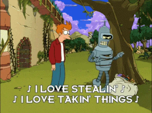 A six-panel comic strip from Futurama shows Bender, a robot, enthusiastically stuffing a large sack with stolen items while…