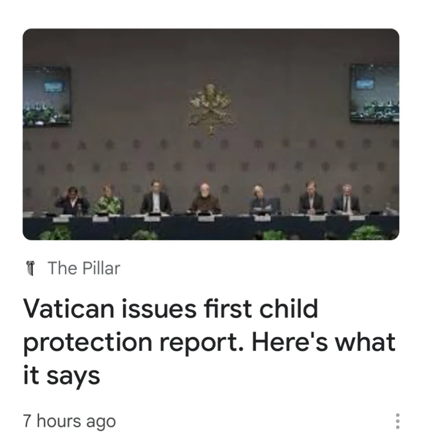 A screenshot of a news article from 'The Pillar' with the headline 'Vatican issues first child protection report. Here's…