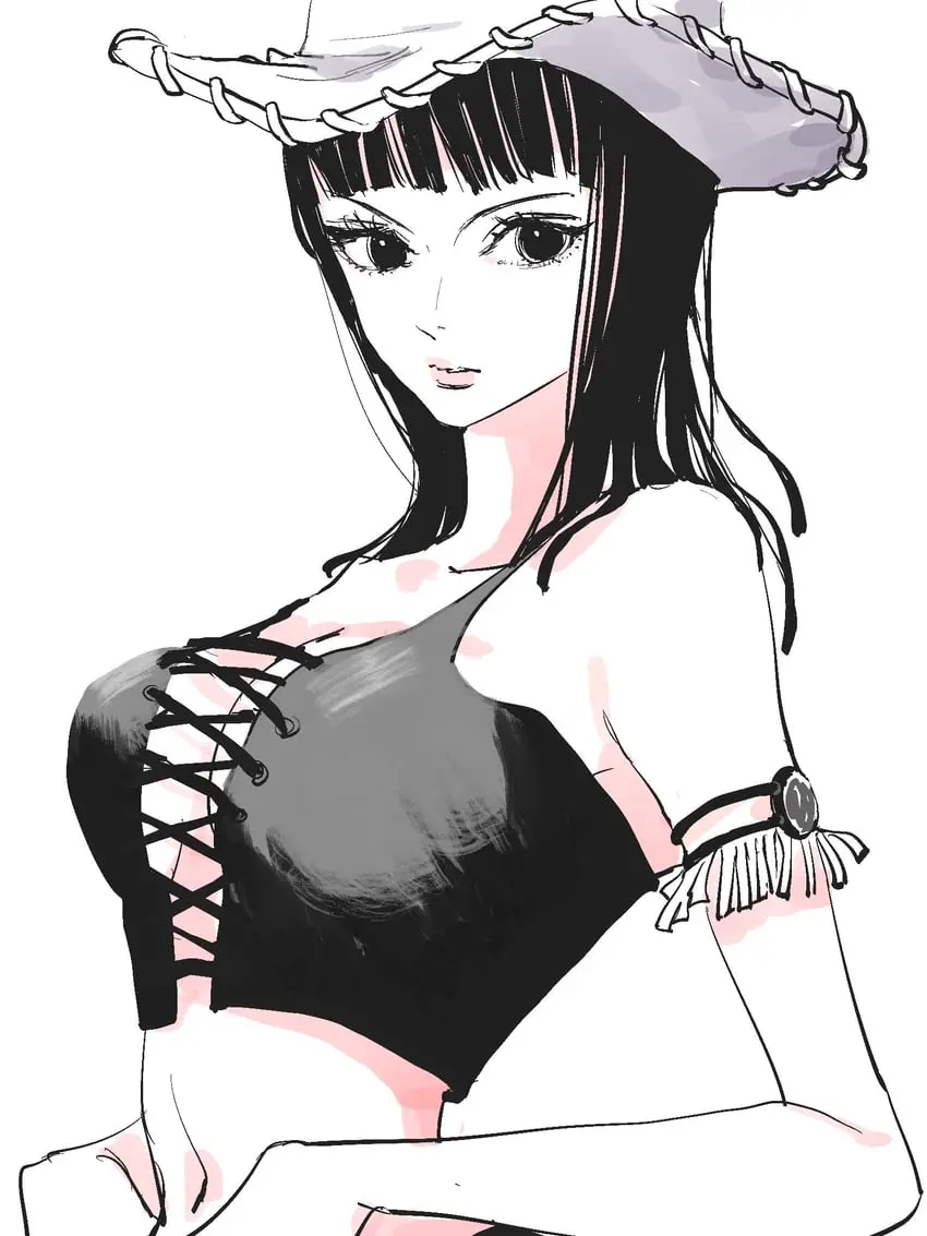 An anime-style illustration of a woman with black hair and bangs, wearing a wide-brimmed hat and a black corset top with…
