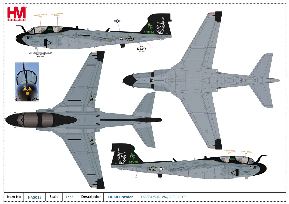 This is a technical decal sheet from HobbyMaster for a 1/72 scale model of a U.S. Navy EA-6B Prowler aircraft, showing…