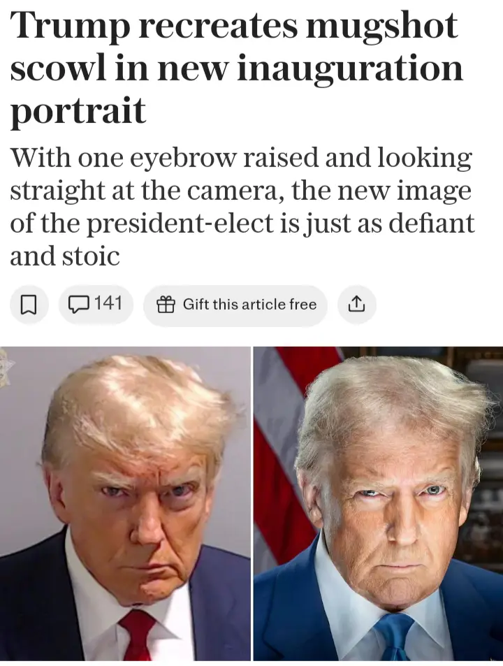 The image displays two side-by-side photos of Donald Trump: the left is a mugshot with a stern, scowling expression and one…