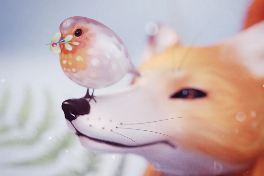 A soft, painterly image shows a small, pinkish bird with white spots and a tiny flower in its beak perched on the nose of a…