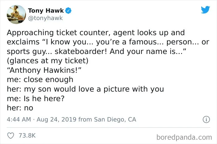 A screenshot of a tweet by Tony Hawk from 2019, where he recounts a story about being mistaken for actor Anthony Hopkins at…