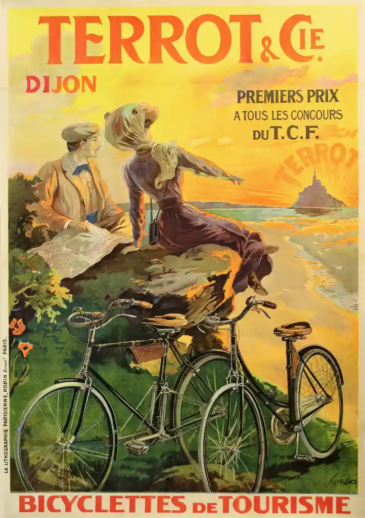 A vintage French advertisement poster for Terrot & Cie. bicycles from Dijon, featuring a man and woman in early 20th-century…