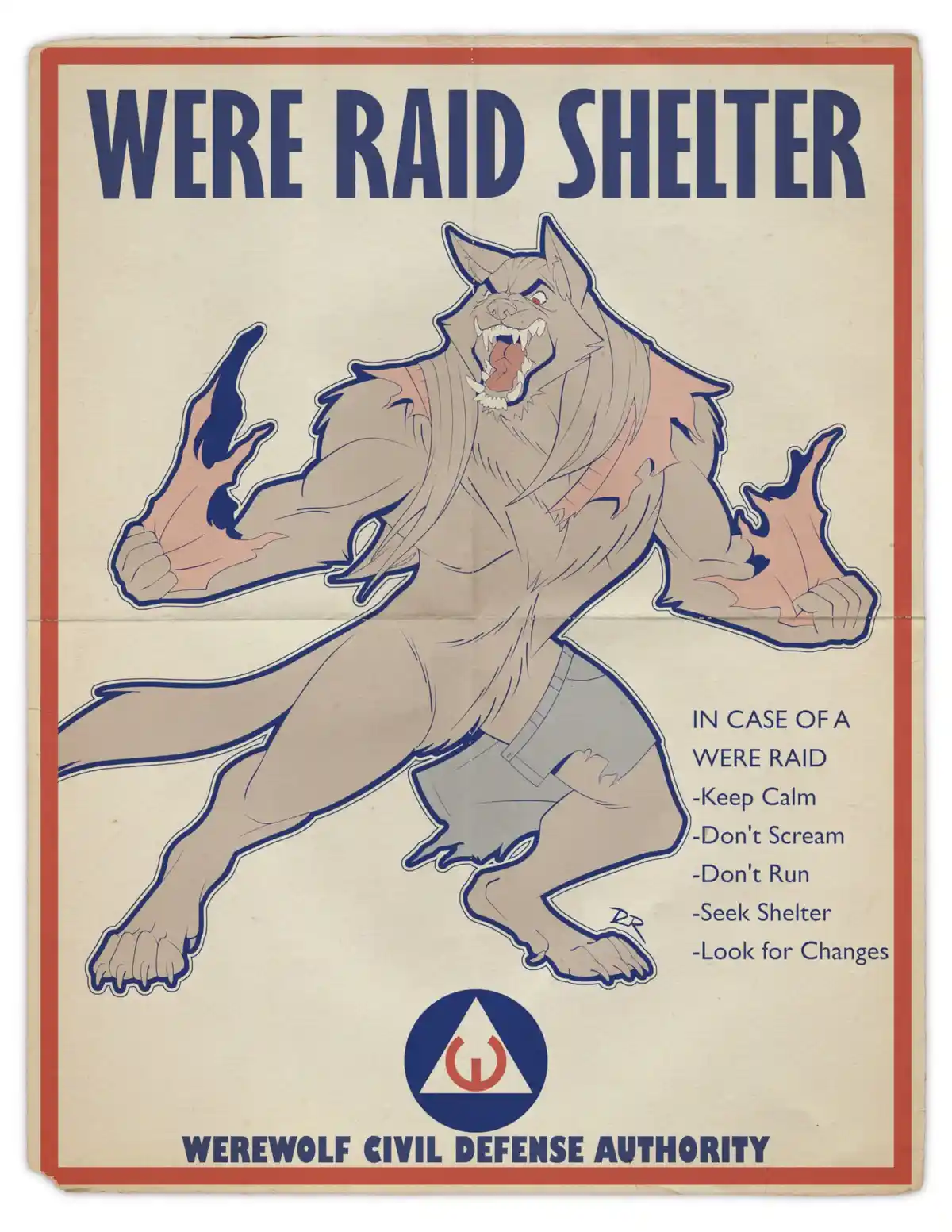 A vintage-style public safety poster depicts a menacing, muscular werewolf in a running pose, wearing shorts. The text at…
