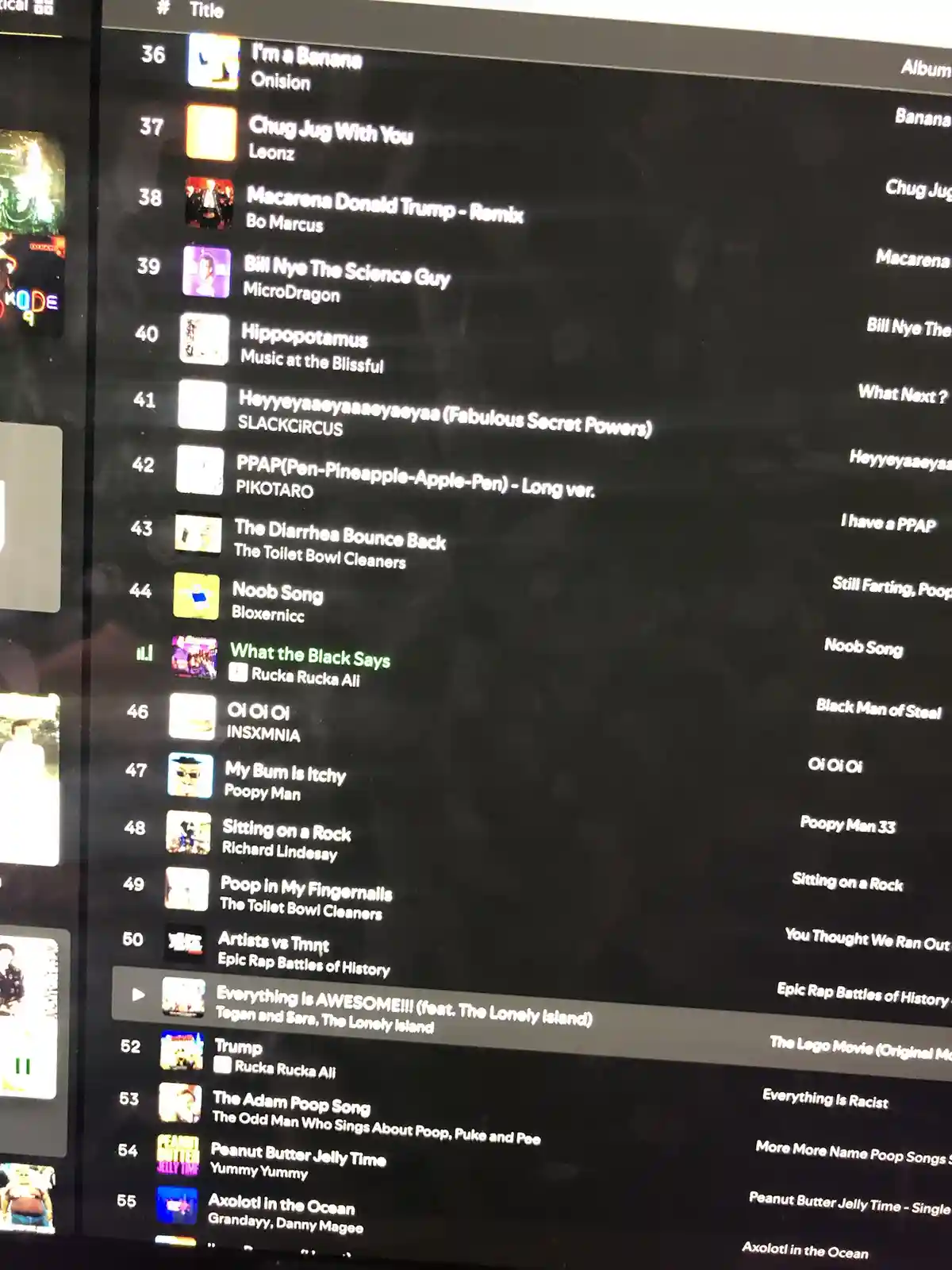 A screenshot of a music player's playlist shows 'Everything is AWESOME!!! (feat. The Lonely Island)' by Tegan and Sara, The…