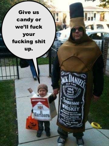 A man dressed as a Jack Daniel's whiskey bottle stands with a small child dressed as a Marlboro cigarette, holding a…