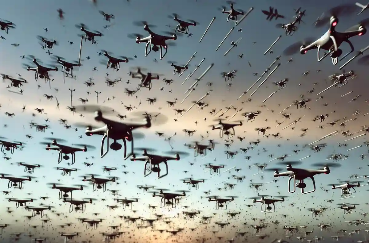 A dense swarm of quadcopter drones fills the sky, appearing as if they are flying in all directions, with some blurred by…