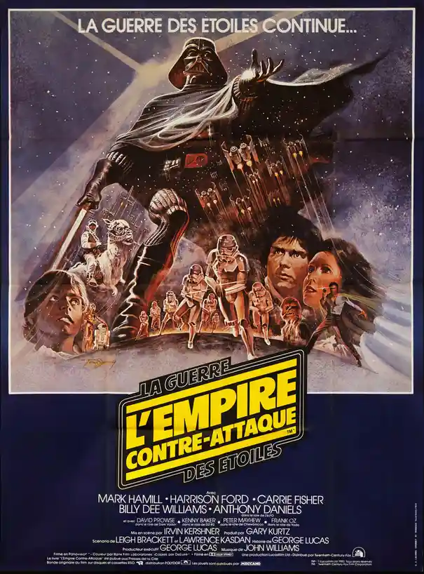 This is a French movie poster for 'Star Wars: The Empire Strikes Back,' featuring Darth Vader looming large over a collage…