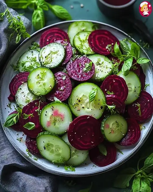 a top-down photo of a white plate filled with sliced green cucumbers and deep red beets, garnished with fresh basil leaves…