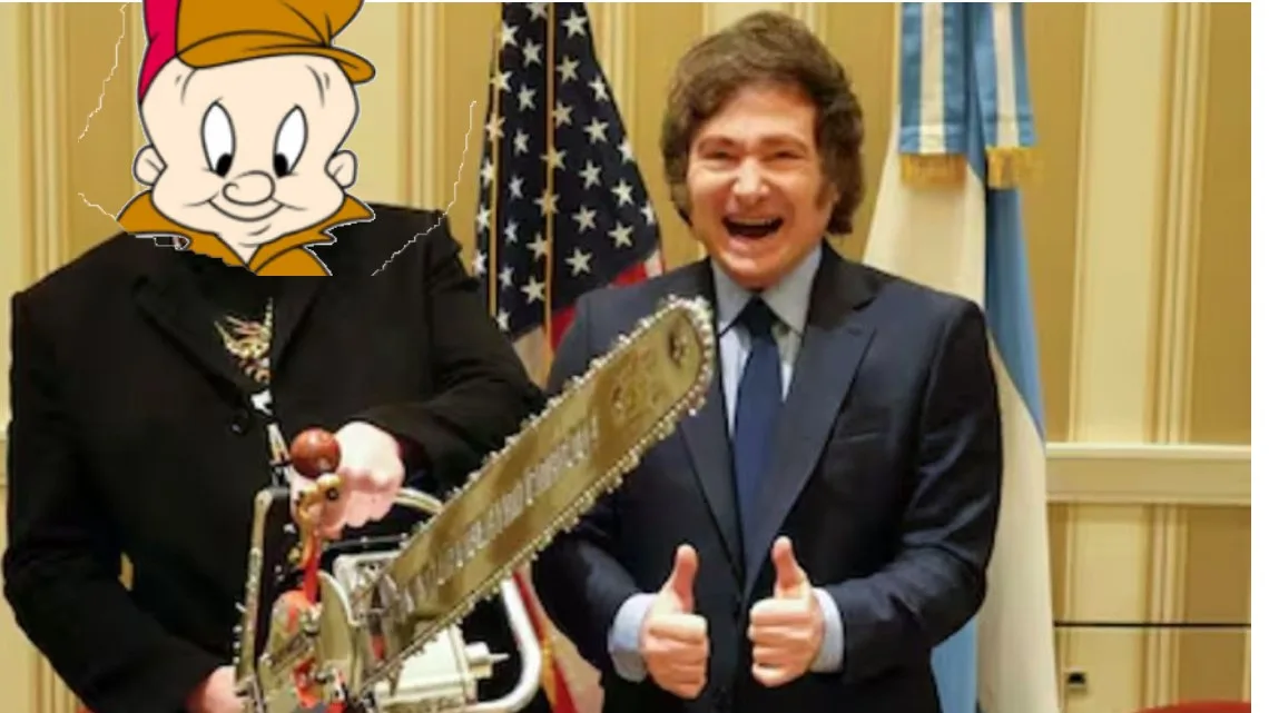 A man in a suit holding a chainsaw with a cartoon character's head superimposed on his own, while another man in a suit…