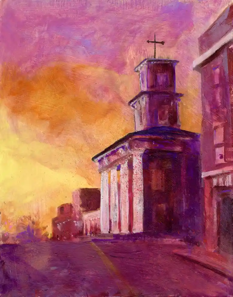 A painterly, impressionistic image of a church with classical columns and a cross on its steeple, set against a vibrant sky…