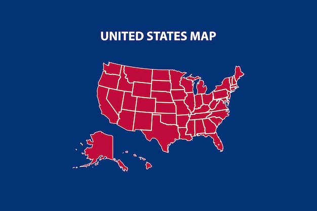 A solid blue background features a red silhouette map of the United States with all 50 states outlined in white. The title…