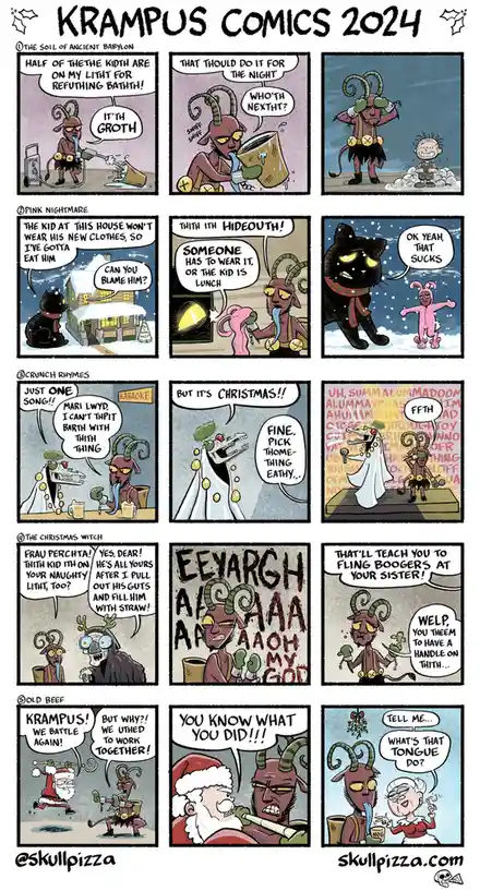 A comic strip titled 'Krampus Comics 2024' features a horned, red-skinned demon character named Krampus interacting with…