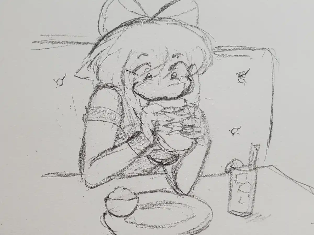 A pencil sketch shows an anime-style girl with a large bow in her hair, smiling happily while holding a bowl of food. She…