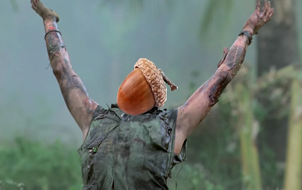A person with muddy arms and a torn green shirt has their head replaced with an acorn, arms raised in triumph. The overlaid…
