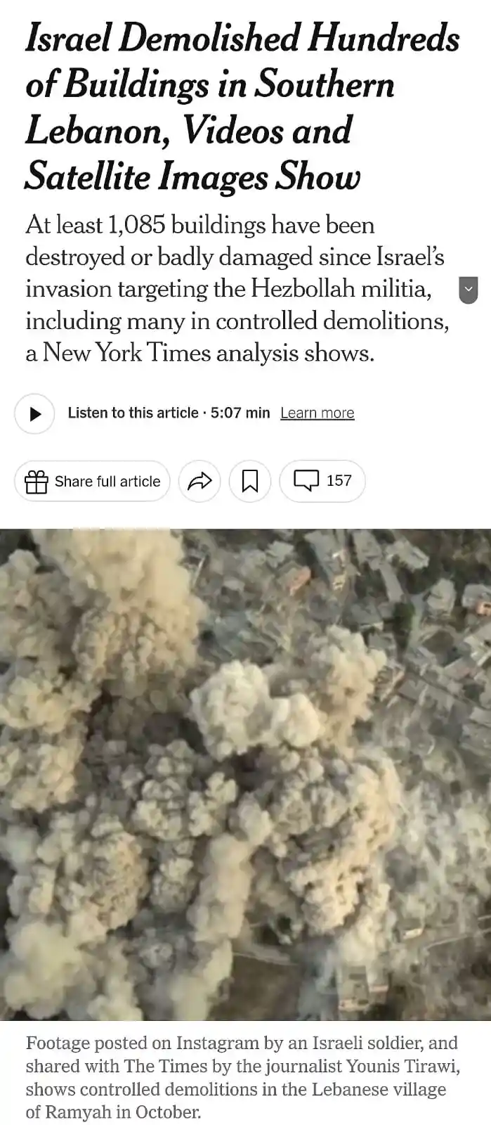 The image displays a screenshot of a New York Times article with a headline about Israel demolishing hundreds of buildings…