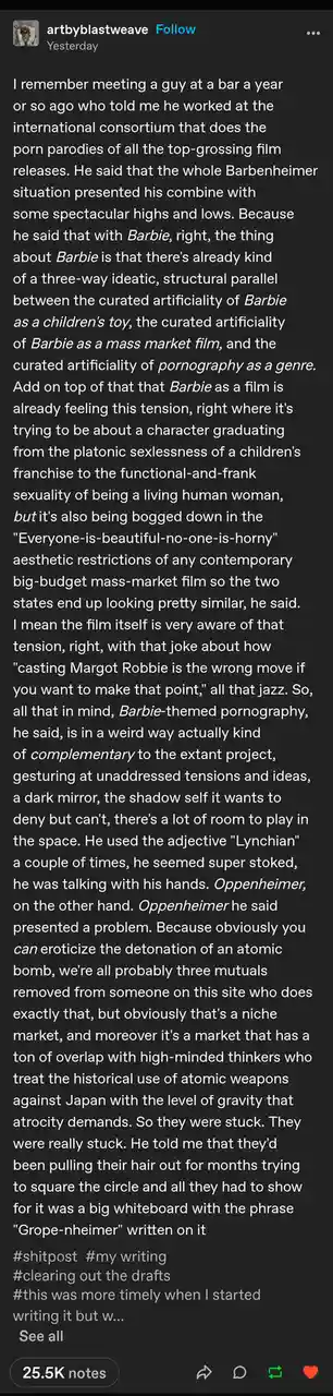 A screenshot of a social media post with white text on a black background, detailing a fictional conversation about a…