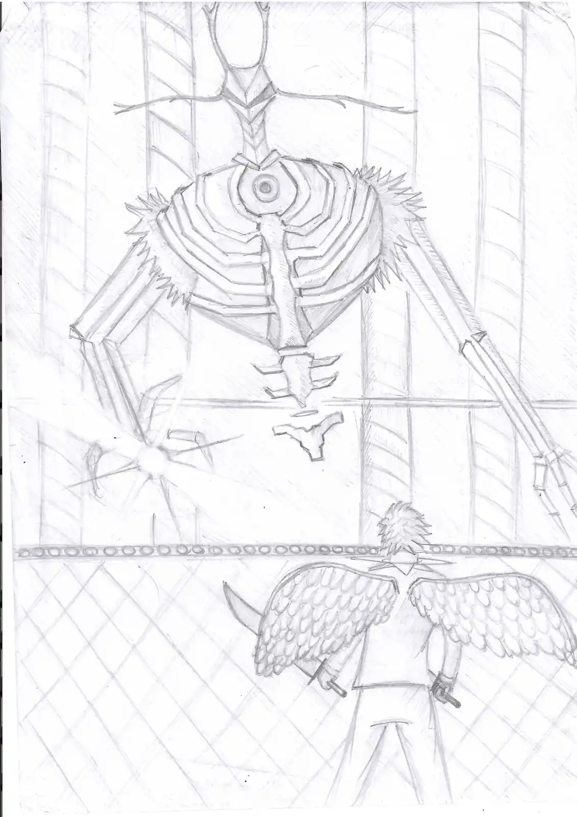 A pencil sketch depicts a small, winged, horned figure with a sword standing on a platform, looking up at a massive…