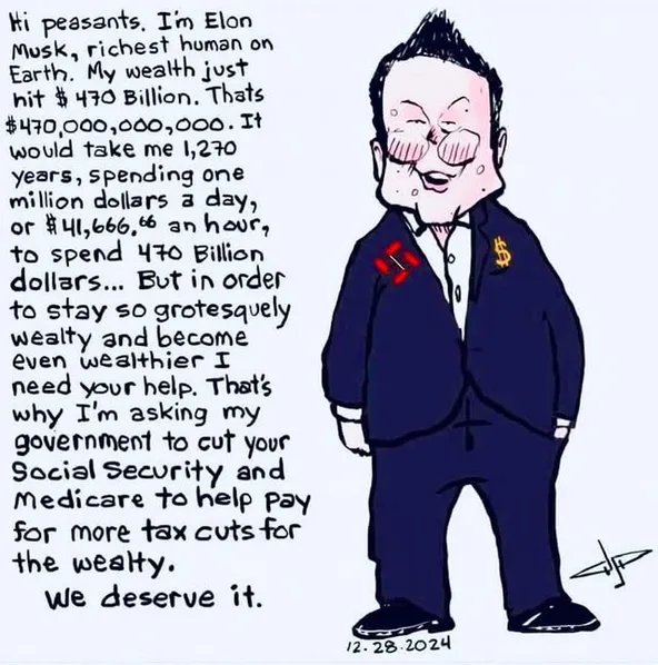 A cartoon drawing of a caricatured Elon Musk with exaggerated facial features, wearing a dark suit with dollar signs on the…