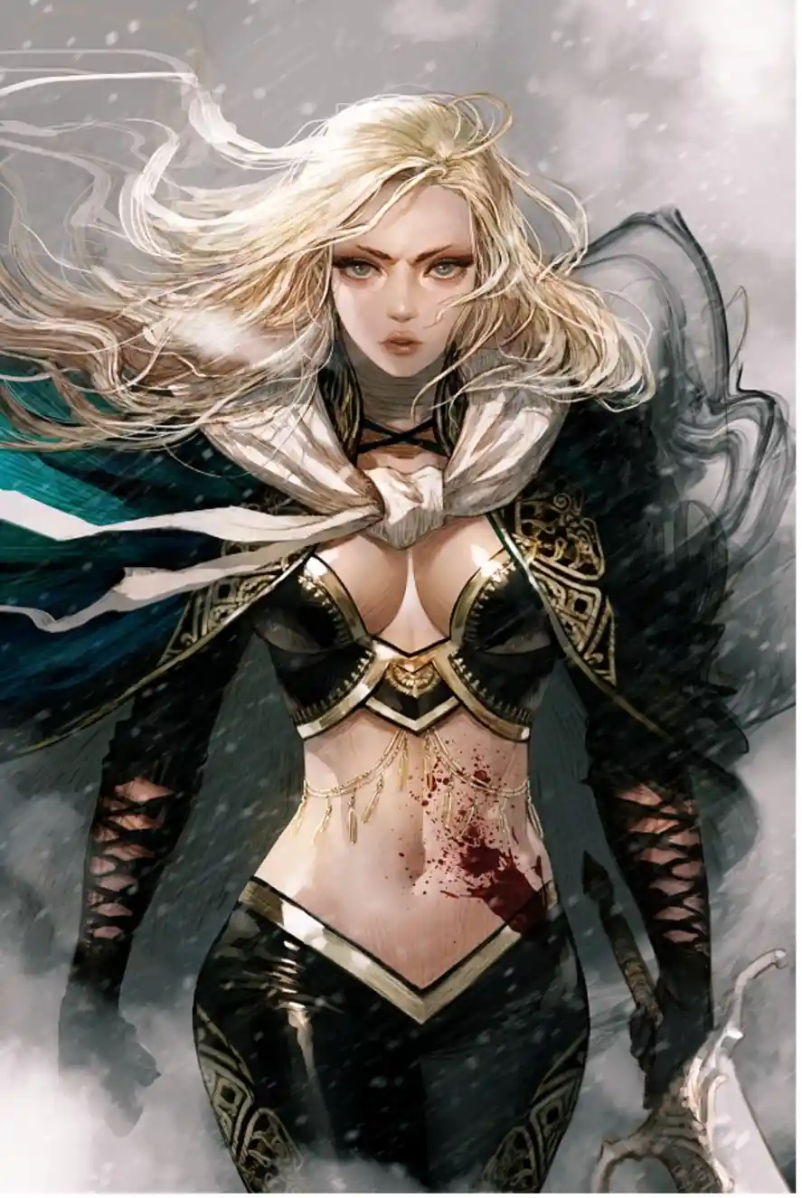 A fierce-looking blonde woman in ornate black and gold armor stands in a snowy, stormy environment, her hair and cape…