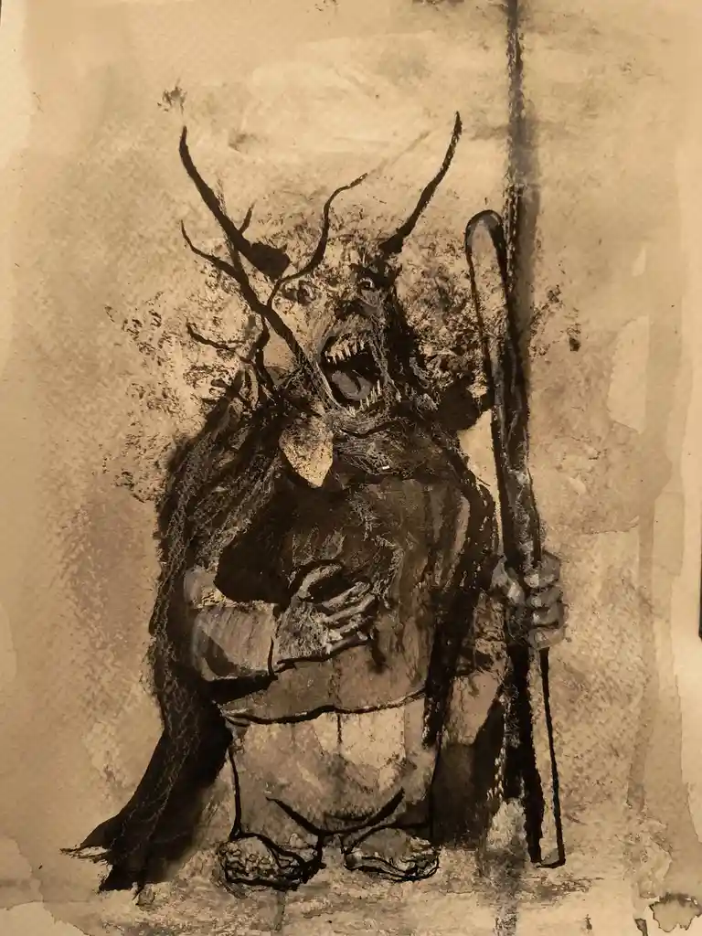 A sepia-toned, ink-wash style drawing depicts a grotesque, horned demon with a wide, toothy grin, holding a staff. The demon…