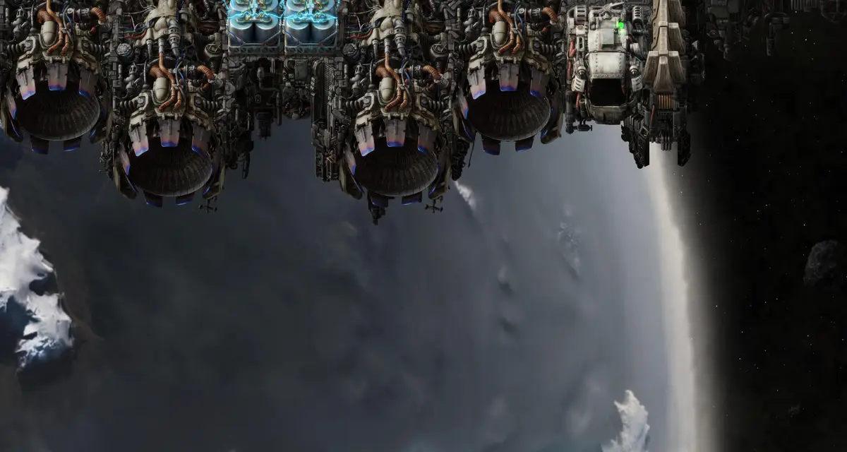 A massive, intricate spaceship with multiple engines and glowing blue energy cores hovers above a planet's atmosphere, with…