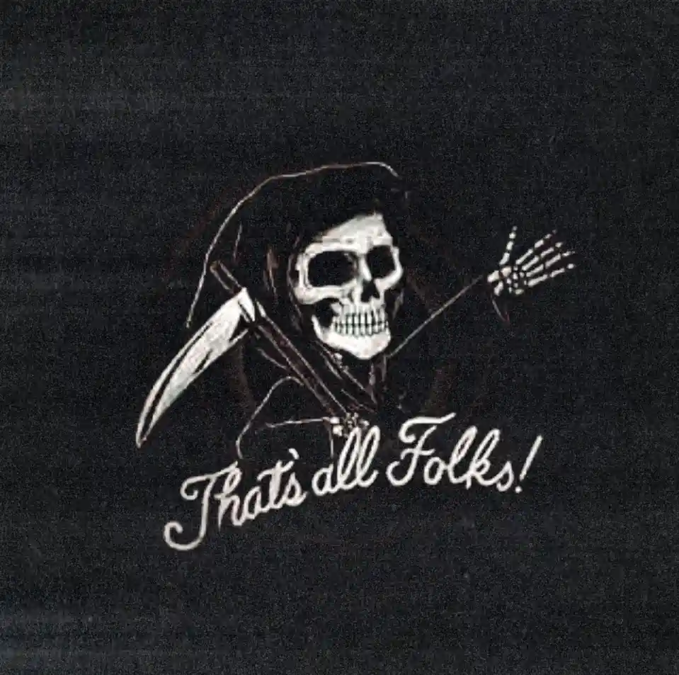 A black-and-white image shows the grim reaper, a skeletal figure in a hooded robe holding a scythe, waving with one hand…