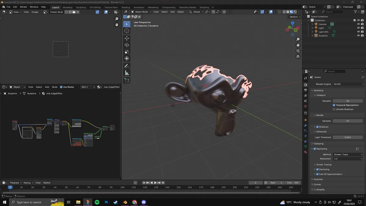 A screenshot of the Blender 3D modeling software interface showing a stylized monkey head model with glowing orange…
