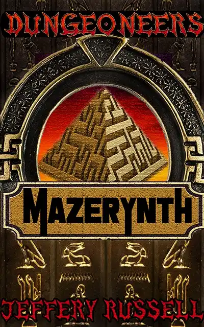 The image displays the cover art for 'Dungeonneers: Mazerynth' by Jeffery Russell. It features a stylized, maze-like pyramid…