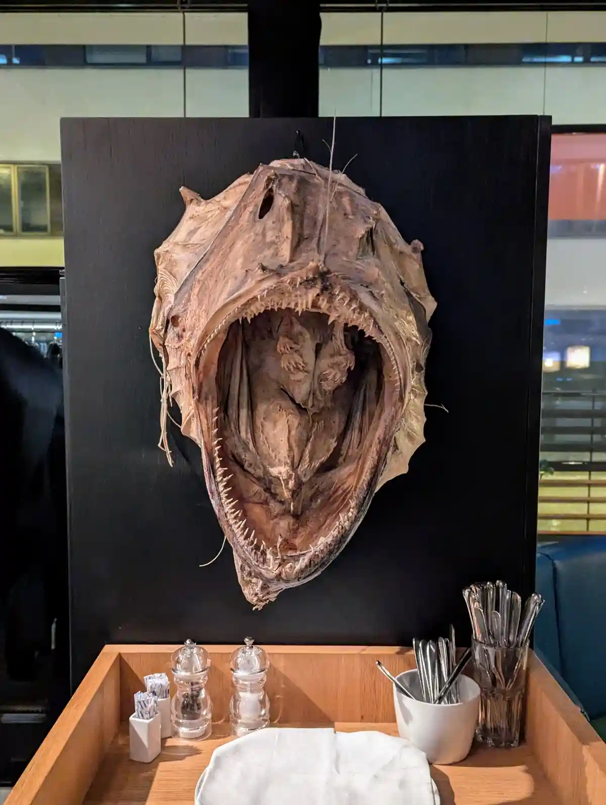 A large, dried fish head with an open mouth full of sharp teeth is mounted on a black wall above a wooden table holding salt…