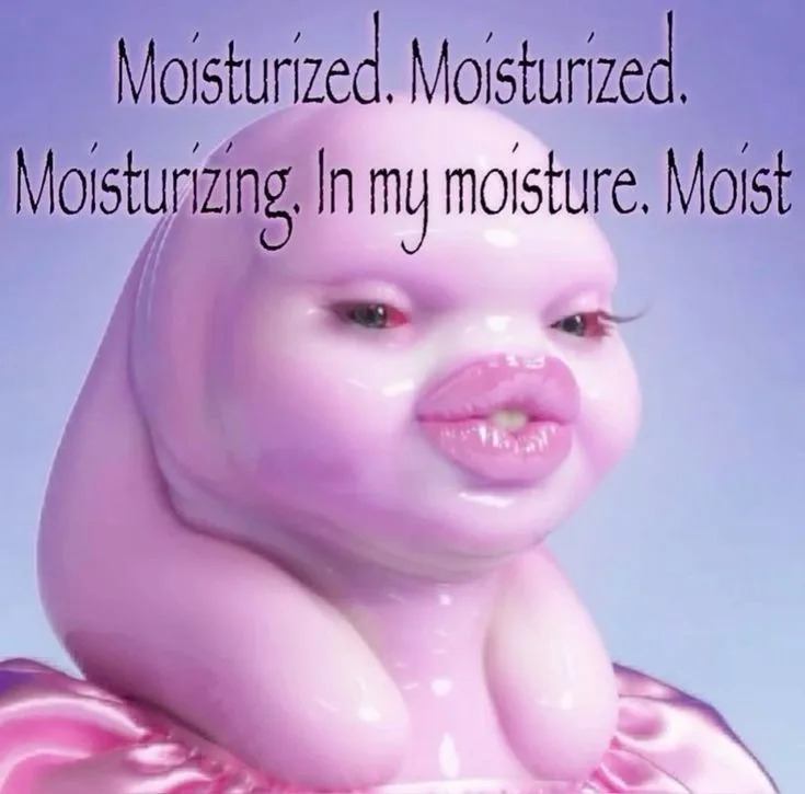 A glossy, pink, gelatinous creature with a wide, slightly open mouth and long eyelashes stares forward. The image has text…