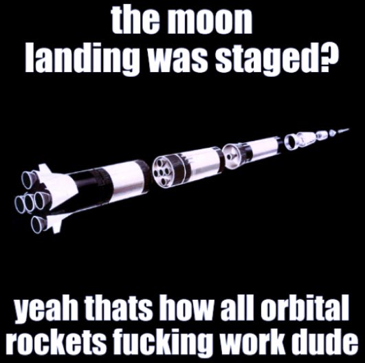 A black background image shows a multi-stage rocket, with its sections separated and arranged in a line. White text at the…