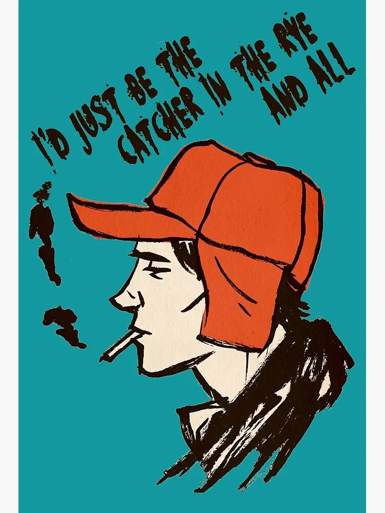 A stylized illustration of a young man in profile wearing an orange baseball cap and smoking a cigarette, set against a teal…
